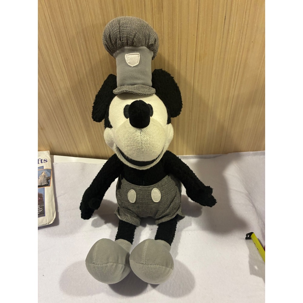 Walt Disney World Steamboat Willie Mickey Mouse Plush 20 Inch Grayscale Vintage